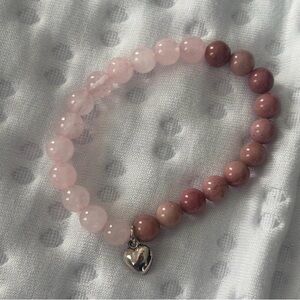 Rose Quartz & Pink Beaded Heart Charm Bracelet